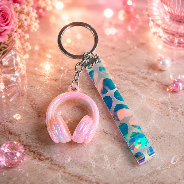 Teal Headphones and Holographic Pattern Keychain