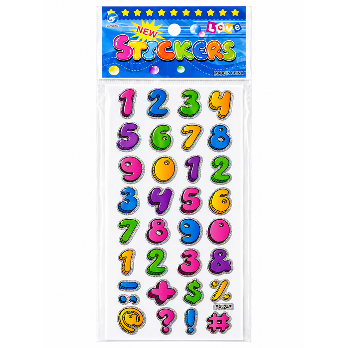 Colorful Number & Symbol Glitter Sticker Sheet (5 Pcs)