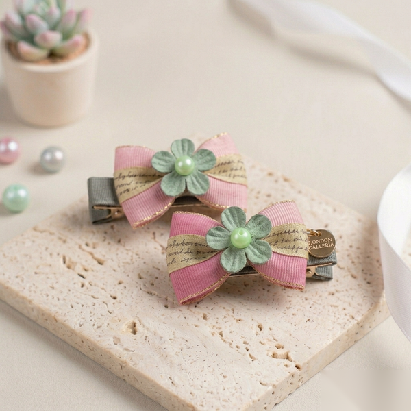Pink Floral Bow Hair Clips (Set of 2)